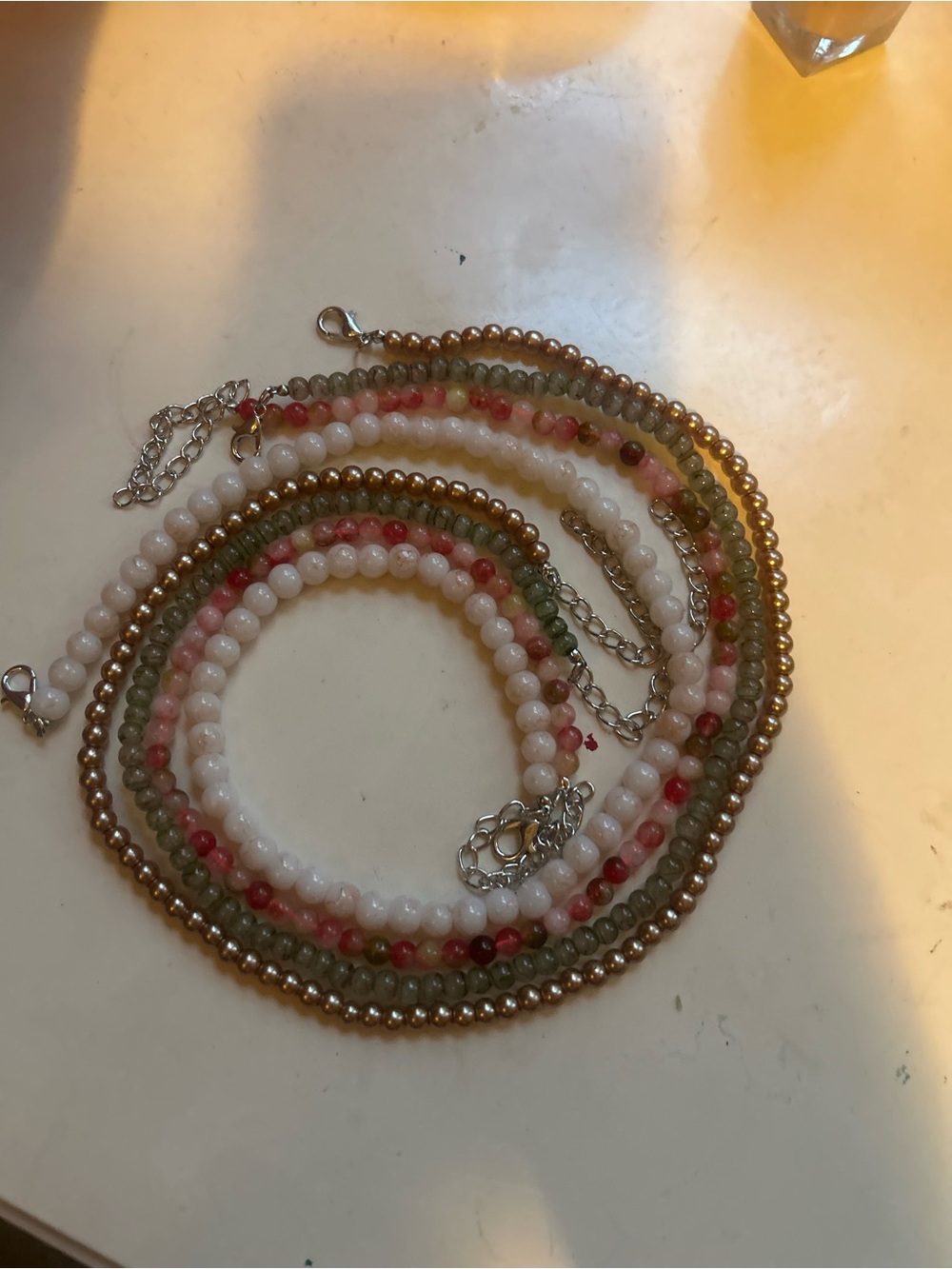 Multi-Strand Beaded Necklace - White, Pink, Green, Gold